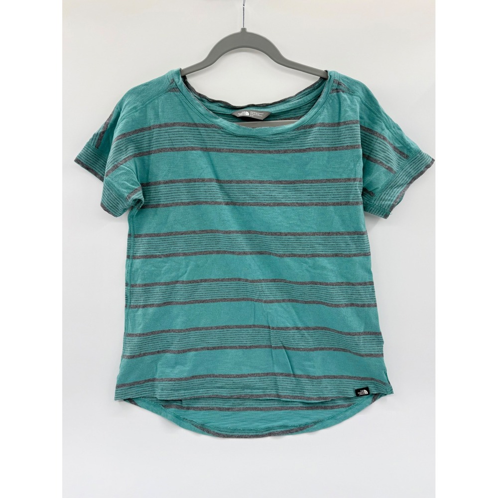 The North Face Womens Teal Grey Striped Short Sleeve Scoop Neck T-Shirt Size M